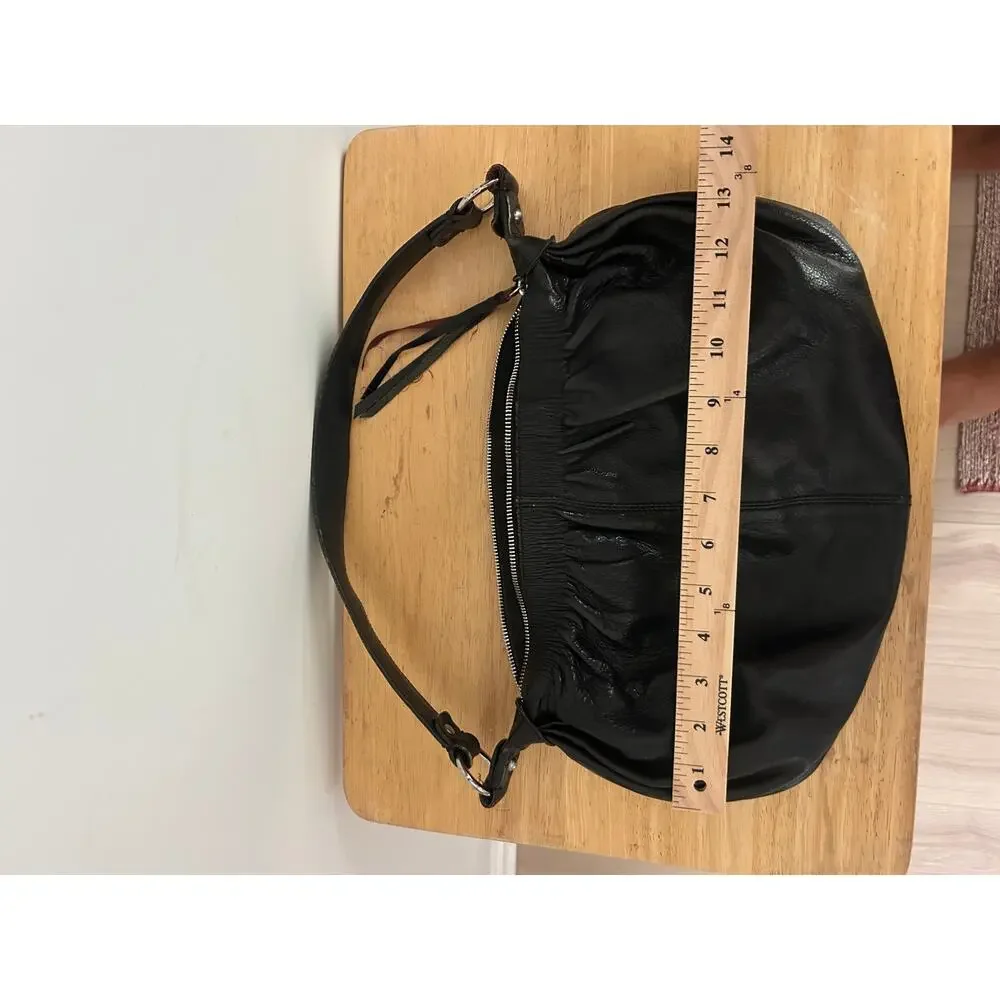 Francesco Biasia Black Leather Shoulder Bag – Made in Italy Ruched Slouchy Hobo